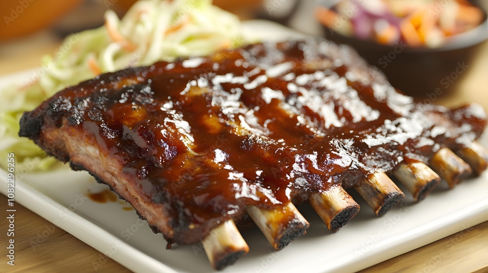 A rack of BBQ ribs, slow-cooked and smothered in tangy barbecue sauce, served with coleslaw.
A rack of BBQ ribs, slow-cooked and smothered in tangy barbecue sauce, served with coleslaw.
