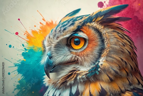 Abstract Owl Portrait with Colorful Double Exposure Paint - Generative AI Art, Wildlife, Nature, Digital Illustration, Artistic Photography, Colorful Background, Fantasy Animal Art, Modern Design photo