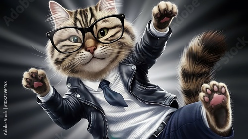 Cartoon Cat in a Suit with Glasses, Giving a Fist Pump
