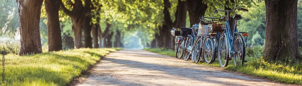A serene pathway lined with trees, featuring parked bicycles, inviting leisurely exploration. A serene pathway lined with trees, featuring parked bicycles, inviting leisurely exploration.