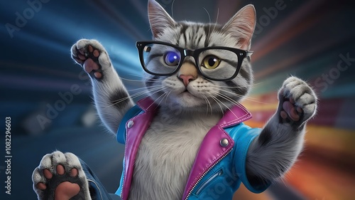 Cartoon Cat in a Suit with Glasses, Giving a Fist Pump
