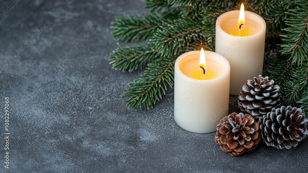 Navidad decorative candles. Decorative candles with pine cones and evergreen branches create cozy atmosphere. warm glow of candles enhances natural beauty of seasonal decor Navidad decorative candles. Decorative candles with pine cones and evergreen branches create cozy atmosphere. warm glow of candles enhances natural beauty of seasonal decor