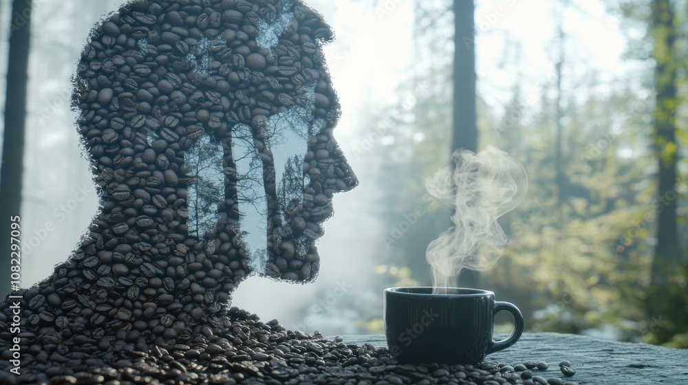 Coffee and contemplation man's silhouette formed by coffee beans forest setting artistic image tranquil mood close up perspective