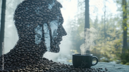 Obraz na płótnie Coffee and contemplation man's silhouette formed by coffee beans forest setting artistic image tranquil mood close up perspective w salonie
