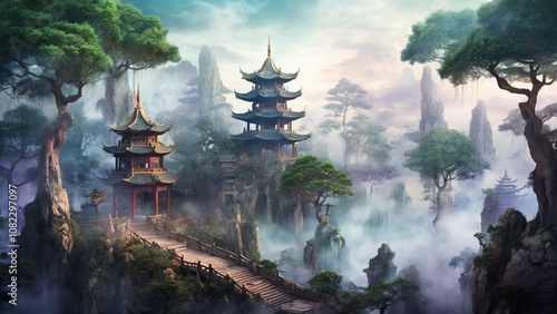 Chinese Fantasy Landscape Scene with Misty Mountains and Ancient Temples.