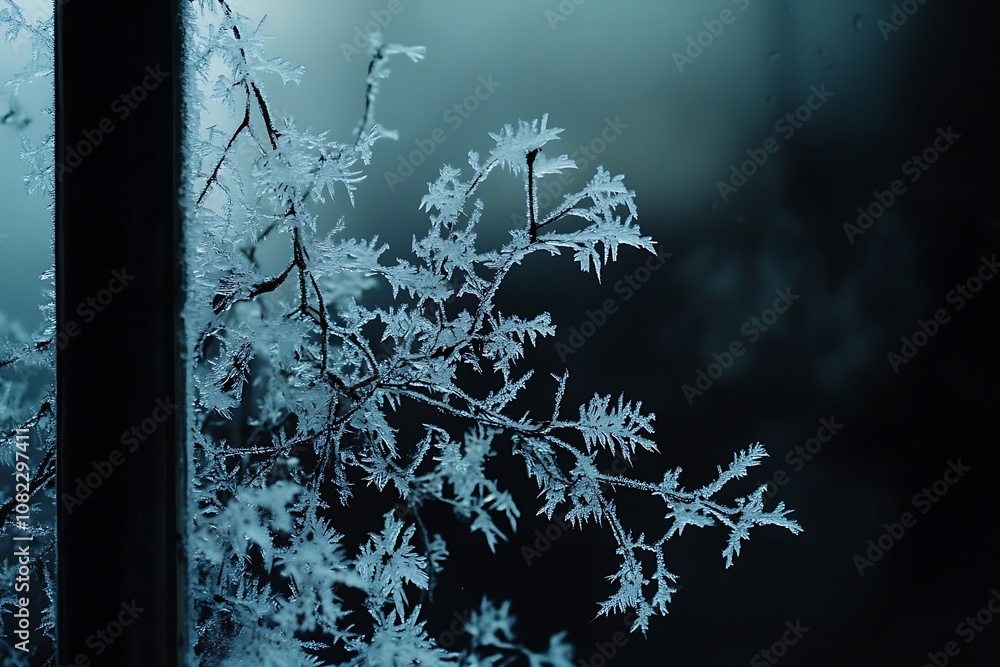 A closeup of frost creeping up a window, forming a beautiful contrast against the dark night sky, A closeup of frost creeping up a window, forming a beautiful contrast against the dark night sky,
