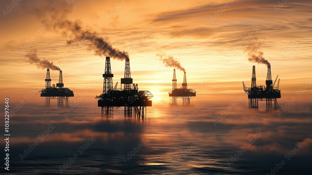 Four oil rigs at sunset, silhouetted against a vibrant sky, with smoke billowing, showcasing offshore energy extraction. Four oil rigs at sunset, silhouetted against a vibrant sky, with smoke billowing, showcasing offshore energy extraction.