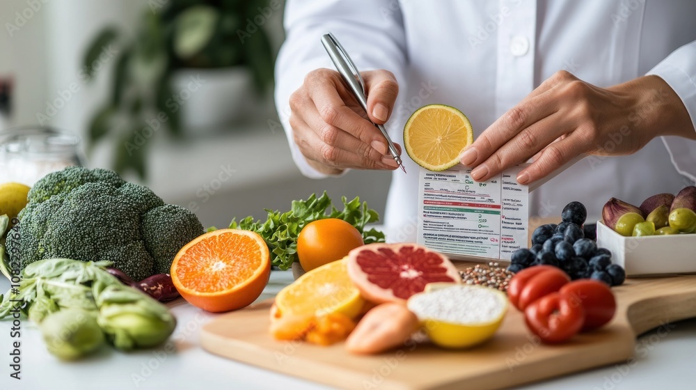 A person prepares fresh fruits and vegetables while examining nutritional information. A person prepares fresh fruits and vegetables while examining nutritional information.