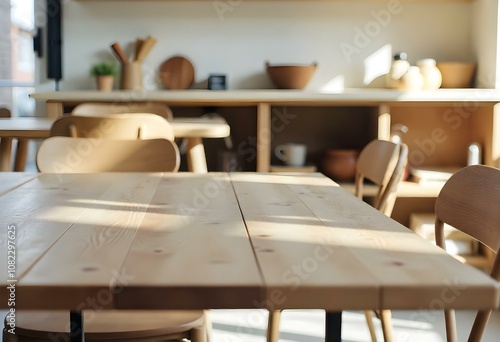 A wooden table in a cozy kitchen setting, with shelves and appliances visible in the background