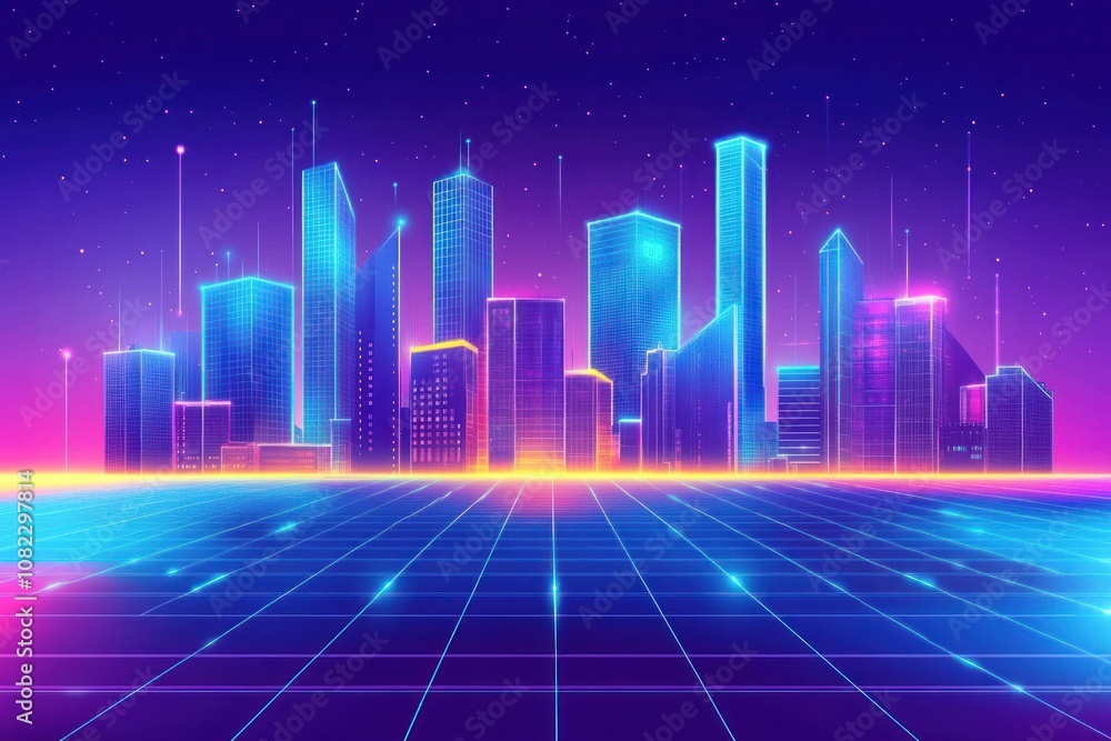A vibrant, neon-lit city skyline with futuristic elements against a starry background. A vibrant, neon-lit city skyline with futuristic elements against a starry background.