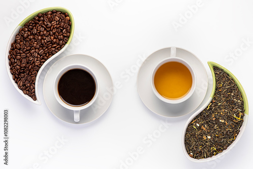 Blank photography of black coffee and green tea, caffeine, americano, espresso, coffee beans, herb tea, choice of drink; choose; natural drink