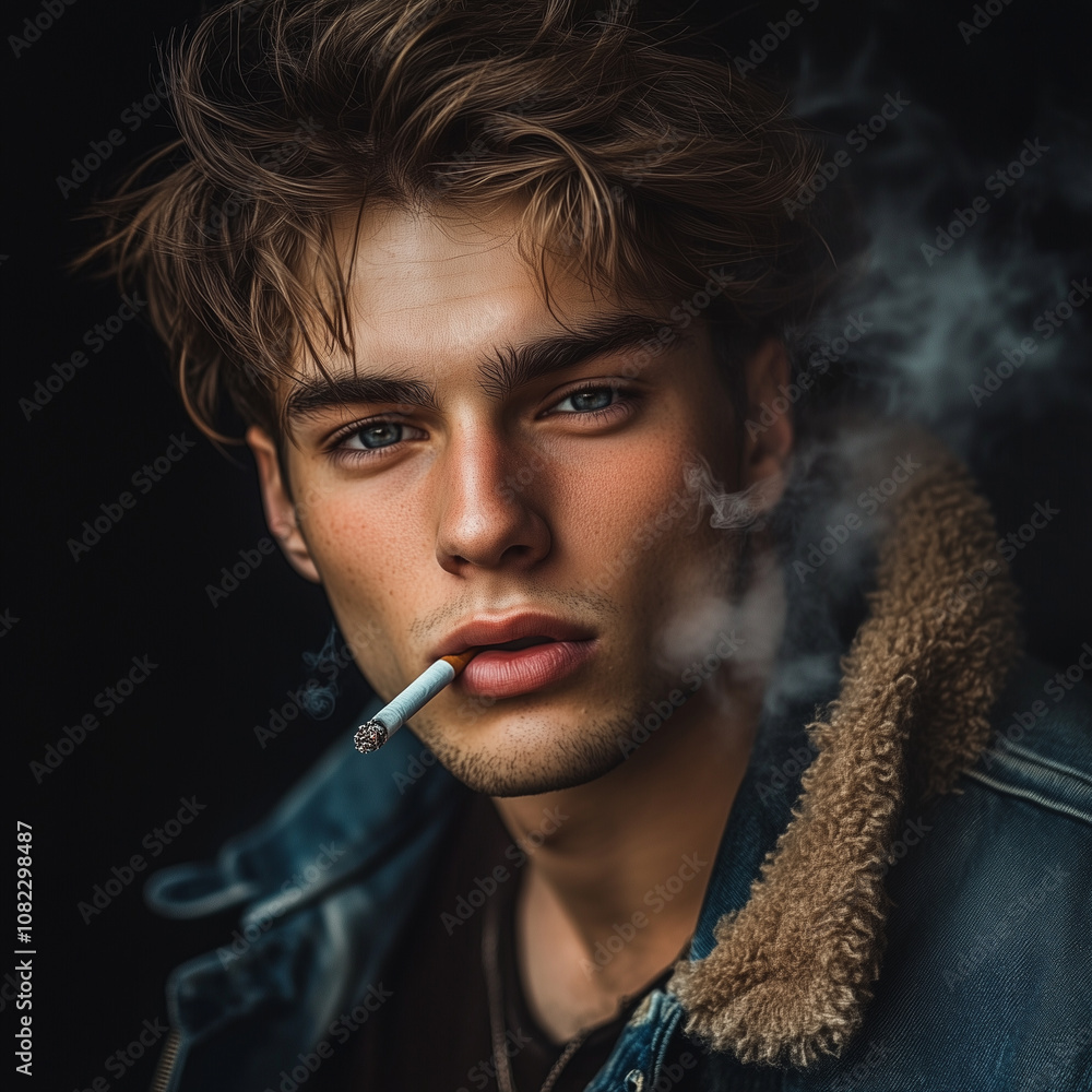 Fototapeta premium Portrait of a very attractive gay male model smoking, guy looking cool while smoking. smoking fetish. Smoking is sexy. Handsome guy enjoying his cigarette.