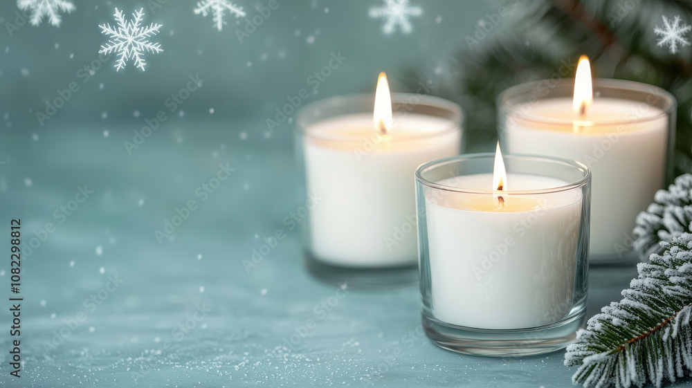 Navidad decorative candles. Trio of white candles in glass holders, softly lit against winter backdrop, creating warm and cozy atmosphere. Perfect for holiday decor and relaxation Navidad decorative candles. Trio of white candles in glass holders, softly lit against winter backdrop, creating warm and cozy atmosphere. Perfect for holiday decor and relaxation