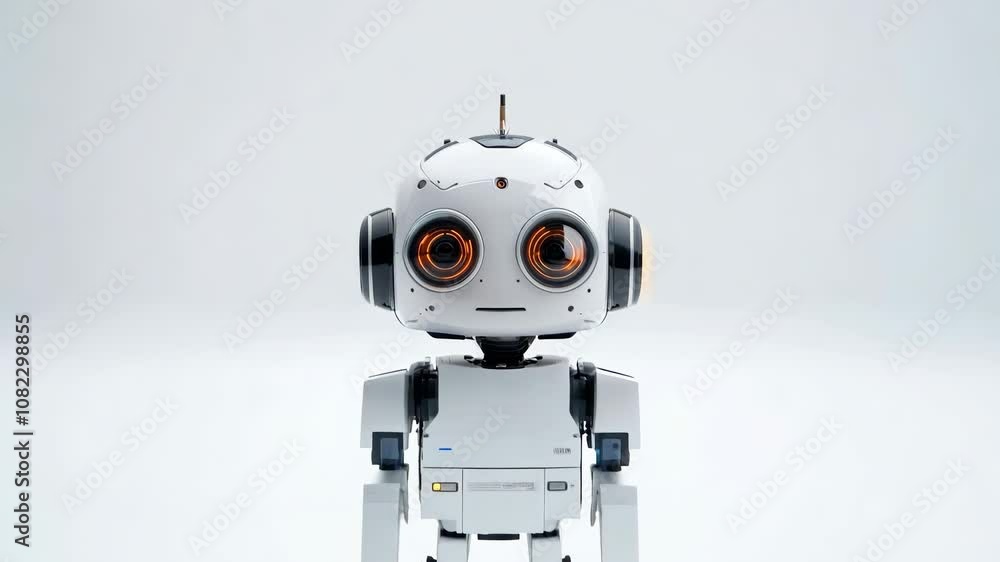 A robot with a white body and orange eyes. The robot has a black head and a black and orange ear A robot with a white body and orange eyes. The robot has a black head and a black and orange ear