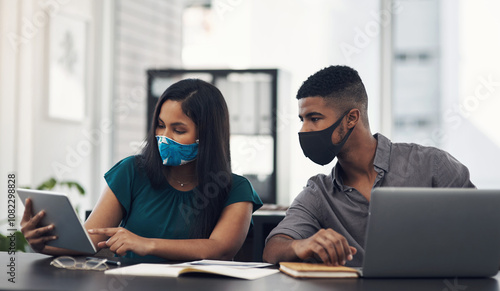 Office, face mask and business people with tablet for discussion, planning and solution for software. Teamwork, employees and designers with digital for app update, design tools and safety for virus