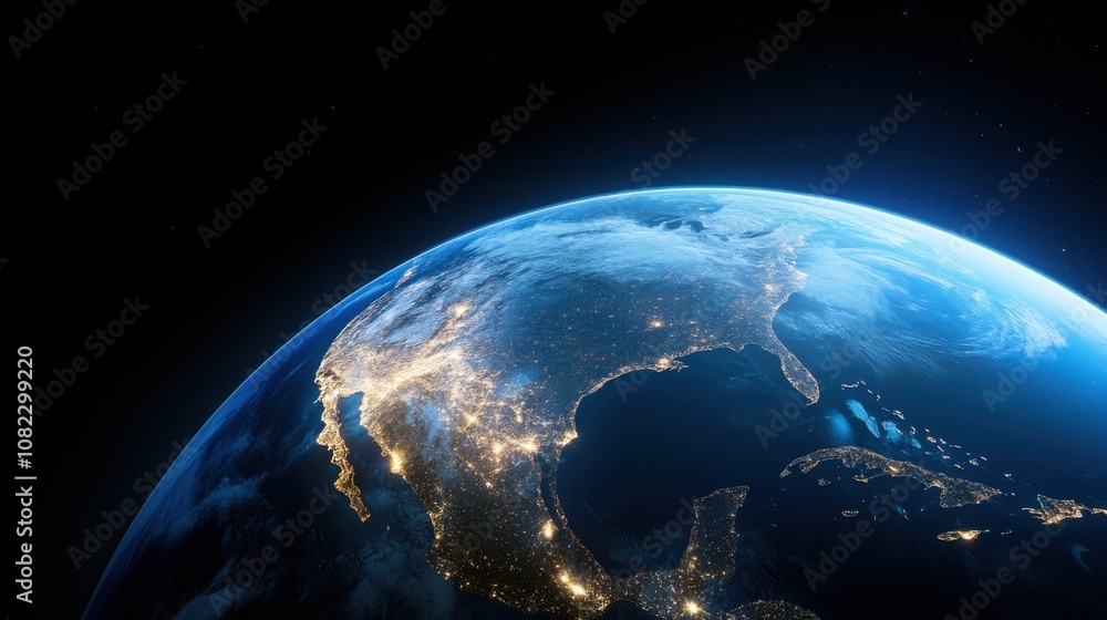 Obraz premium The image showcases North America at night, with vibrant city lights illuminating the land. Surrounding oceans and cloud cover create a beautiful contrast in space