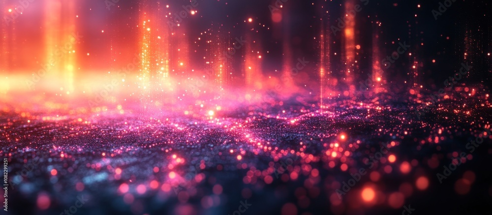 Abstract background of red and orange bokeh lights with glitter, dark background.