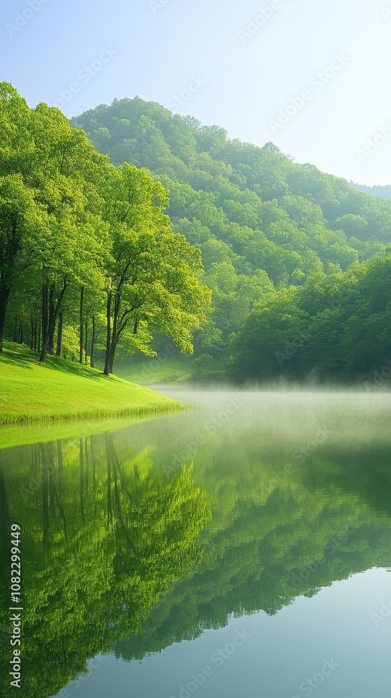 Serene Reflection of Lush Green Forest at Dawn with Misty Waters and Majestic Hills Creating a Peaceful Natural Landscape Scene Serene Reflection of Lush Green Forest at Dawn with Misty Waters and Majestic Hills Creating a Peaceful Natural Landscape Scene