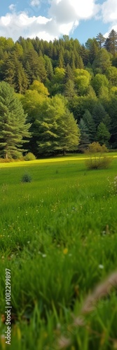 A lush green field stretches out before a backdrop of dense forest on a sunny day