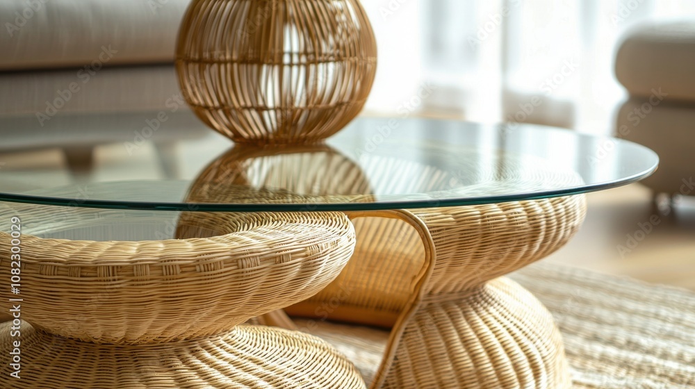 Obraz premium Elegant Rattan Coffee Table with Glass Top
