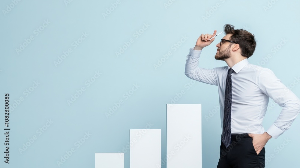 Fototapeta premium A business professional stands confidently in a stylish office, contemplating strategies for success while pointing at a growth chart on the wall