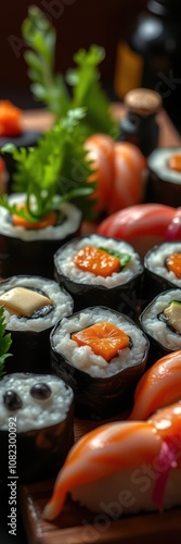 Close-up of assorted sushi rolls on a wooden plate, including salmon and cheese, ready to be enjoyed photo