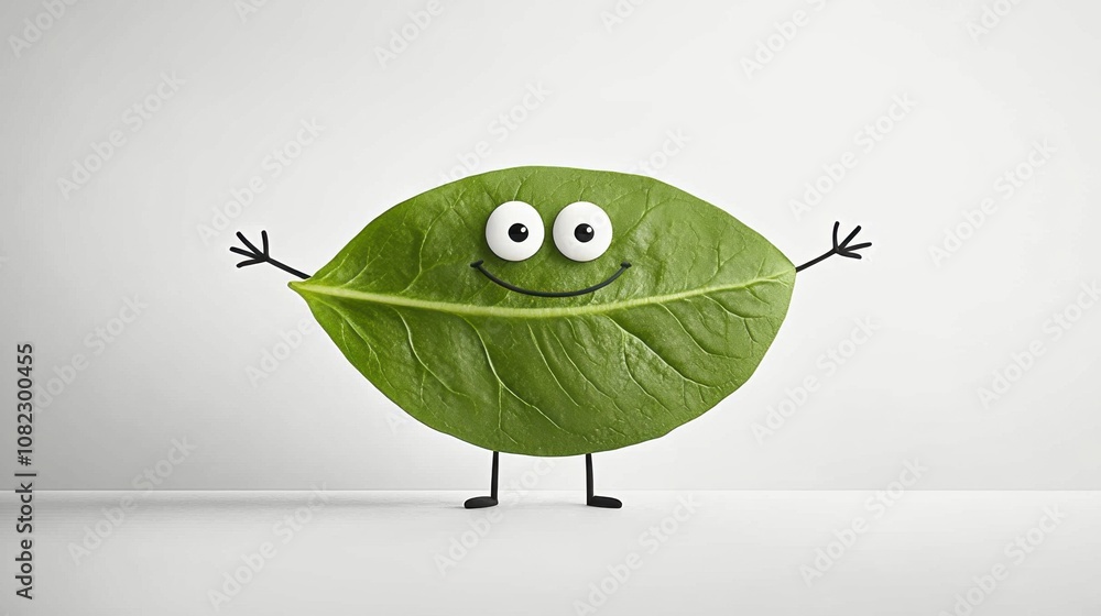Cheerful spinach leaf character studio setting digital neutral background close-up view concept of friendly insurance policies