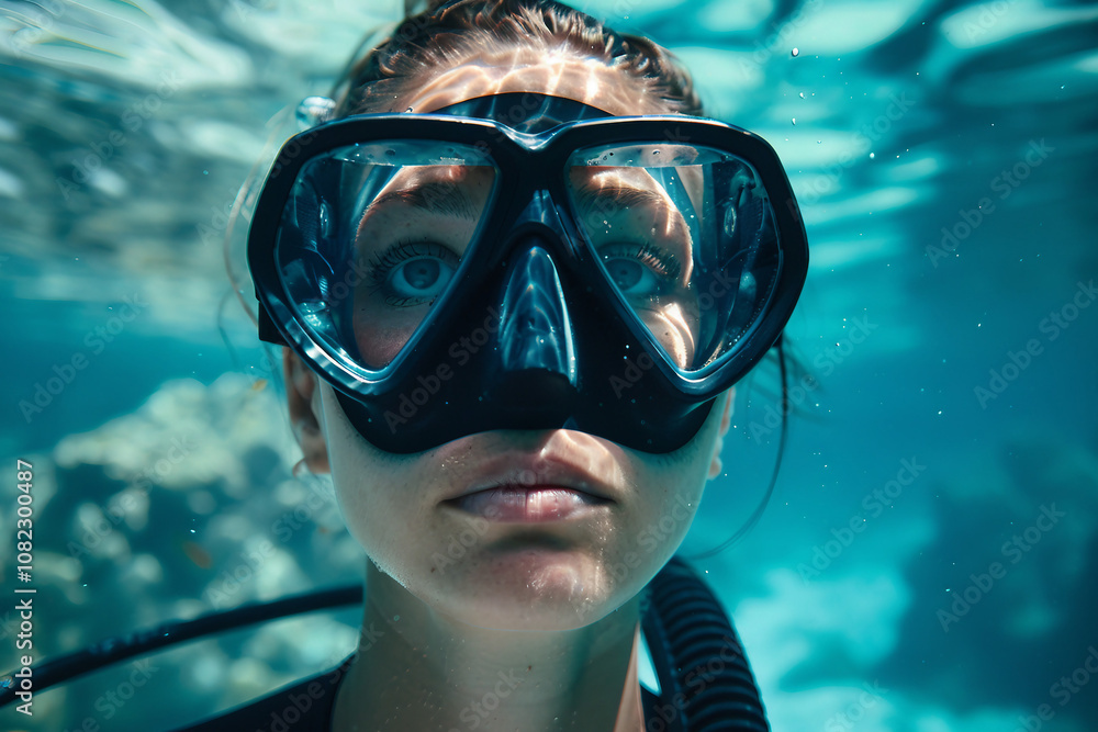 Naklejka premium Professional diver exploring underwater life world flora fauna, Generative AI