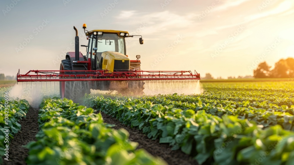 agrochemical concept, A tractor sprays crops in a sunlit field, showcasing modern agriculture and efficient farming practices. agrochemical concept, A tractor sprays crops in a sunlit field, showcasing modern agriculture and efficient farming practices.