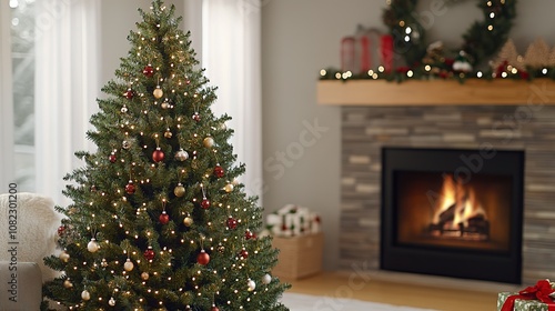 Beautifully decorated Christmas tree in a cozy living room with twinkling lights, festive ornaments, and a glowing fireplace, evoking holiday warmth and the magic of the season.