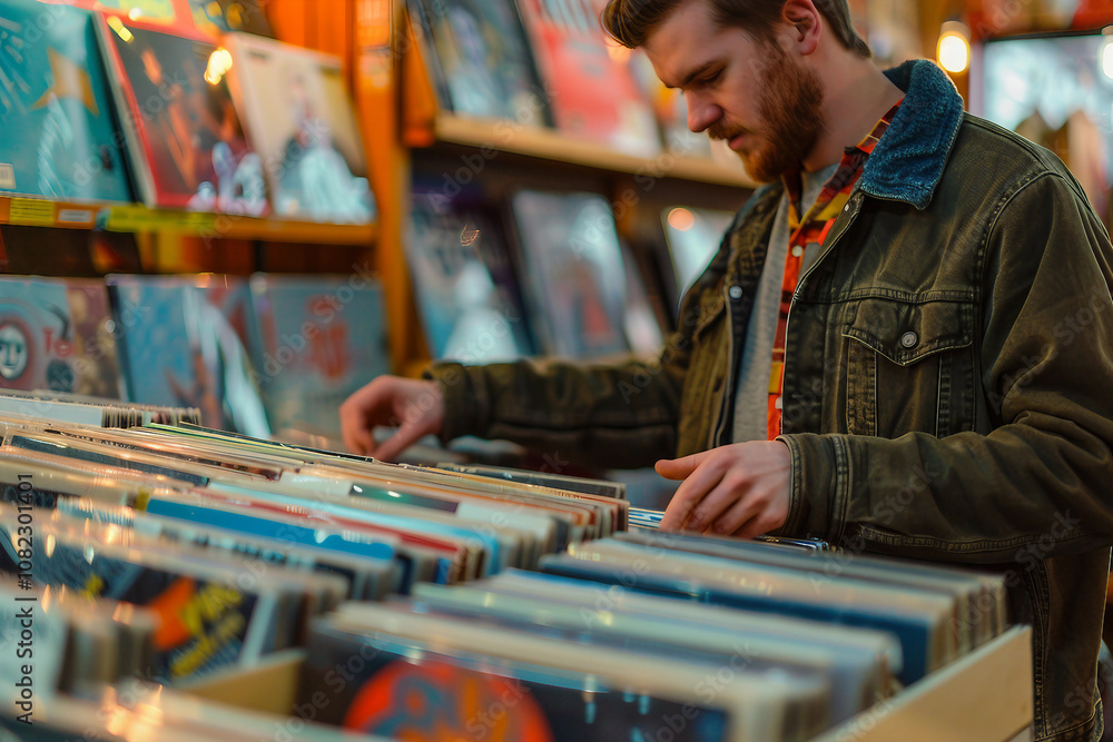 Person look vinyl records in retro music store, surrounded by various music genres classic CDs tapes vintage musical instruments, Generative AI Person look vinyl records in retro music store, surrounded by various music genres classic CDs tapes vintage musical instruments, Generative AI