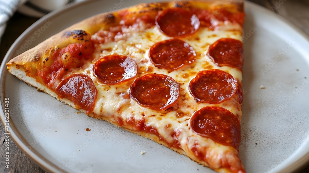 A slice of pepperoni pizza, with a crispy crust, tomato sauce, mozzarella, and spicy pepperoni.
A slice of pepperoni pizza, with a crispy crust, tomato sauce, mozzarella, and spicy pepperoni.