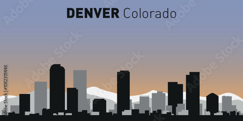 Black and white silhouettes of buildings on Denver skyline. Vector on a colored background.