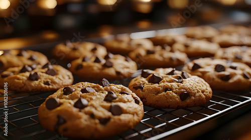 Closeup of Freshly Baked Chocolate Chip Cookies on a Cooling Rack - Realistic Image