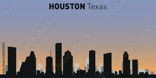 Black and white silhouettes of buildings on Houston skyline. Vector on a colored background.	