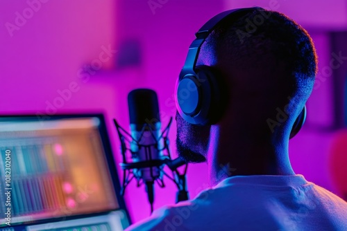 A focused individual works on audio production in a vibrant studio. The microphone captures every sound. Creativity flows in the colorful workspace. Generative AI