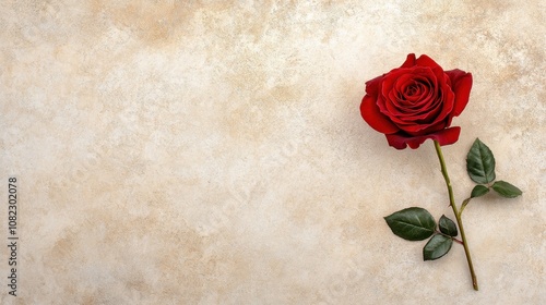 Single long-stemmed red rose minimalistic background floral photography elegant aesthetics close-up view beauty concept