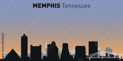 Black and white silhouettes of buildings on Memphis skyline. Vector on a colored background.	