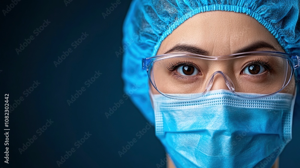 Closeup of a Female Healthcare Worker Wearing a Surgical Mask and Goggles Closeup of a Female Healthcare Worker Wearing a Surgical Mask and Goggles