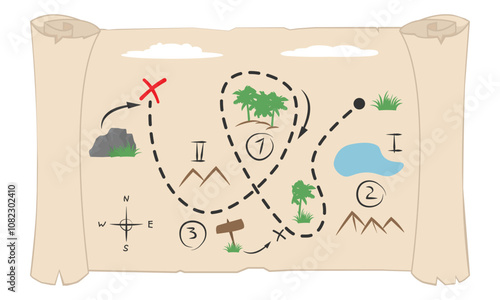 Vintage treasure map scroll with colored markings. Treasure map with x marking the spot