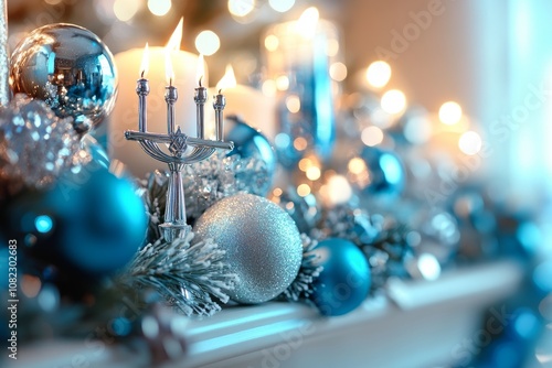 Hanukkah menorah with blue holiday decorations and candles. photo