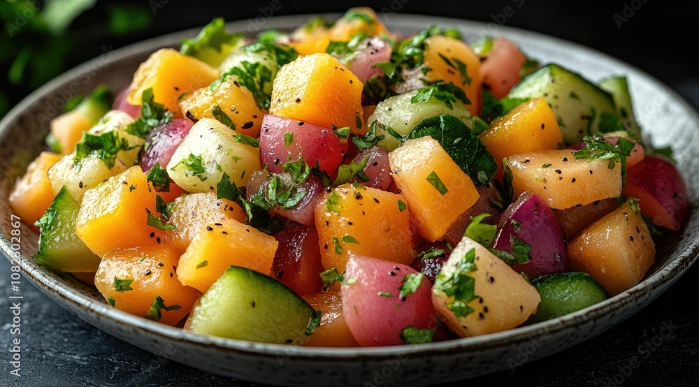 A close-up of a colorful salad with melon, cucumber, and red onion on a grey plate. A close-up of a colorful salad with melon, cucumber, and red onion on a grey plate.