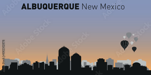 Black and white silhouettes of buildings on Albuquerque skyline. Vector on a colored background.	