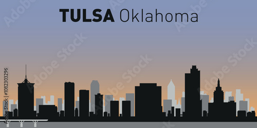 Black and white silhouettes of buildings on Tulsa skyline. Vector on a colored background.	

