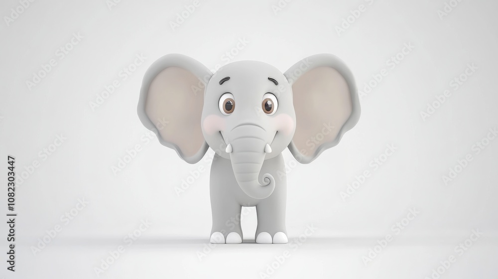 Friendly cartoon elephant with large ears studio 3d model minimalist front view whimsical design for children Friendly cartoon elephant with large ears studio 3d model minimalist front view whimsical design for children
