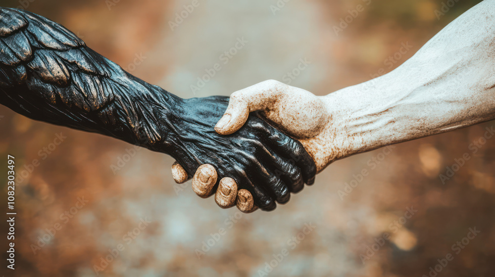 Demon and man shake hands, close-up Demon and man shake hands, close-up