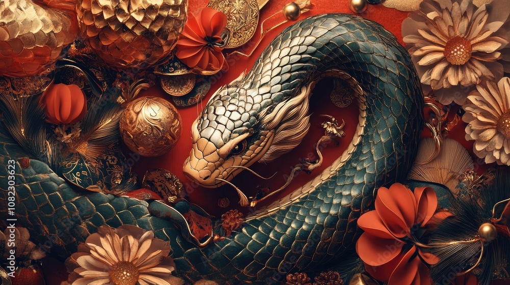 custom made wallpaper toronto digitalA detailed illustration of the Chinese Zodiac snake, surrounded by ancient symbols of luck and prosperity, in a festive New Year setting 
