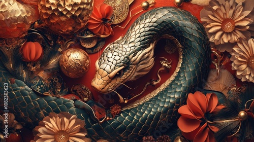 Wallpaper Mural A detailed illustration of the Chinese Zodiac snake, surrounded by ancient symbols of luck and prosperity, in a festive New Year setting  Torontodigital.ca