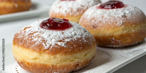 Close-Up Portrait of a Round Sufganiyah with Vibrant Jelly Center on White Background - Perfect for Food Photography and Holiday Treats