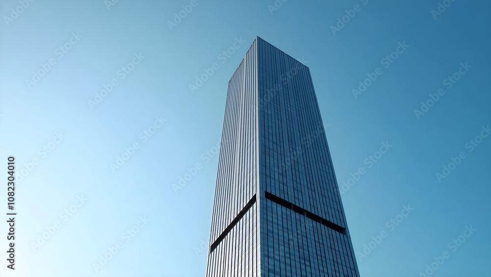 A tall glass skyscraper reaches up to the sky, showcasing modern architecture and reflecting sunlight against a clear blue backdrop A tall glass skyscraper reaches up to the sky, showcasing modern architecture and reflecting sunlight against a clear blue backdrop